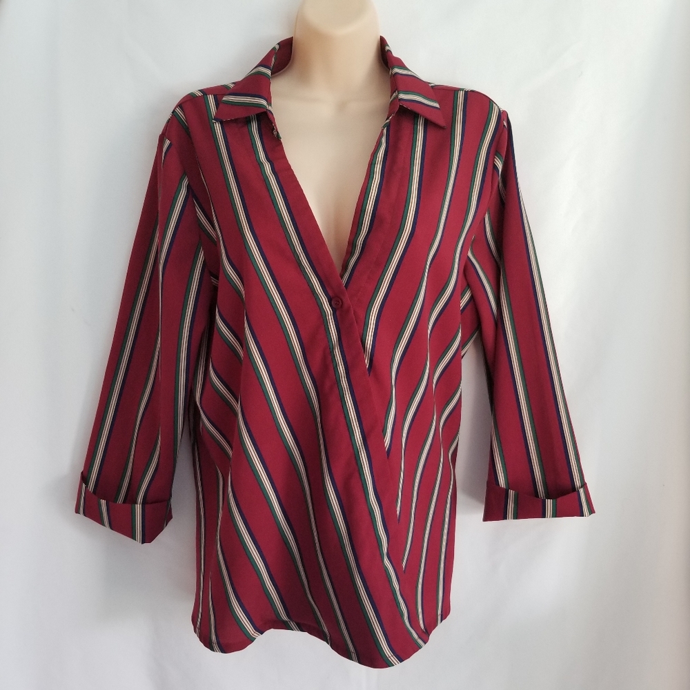 Boohoo Burgundy Striped V Neck Blouse Top …